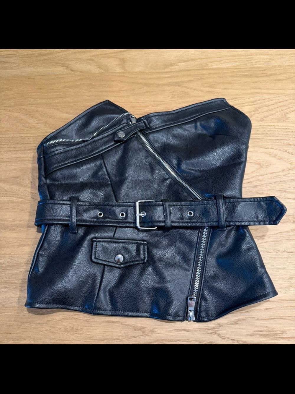Zara Black Faux Leather Bustier Top with Belt Detail